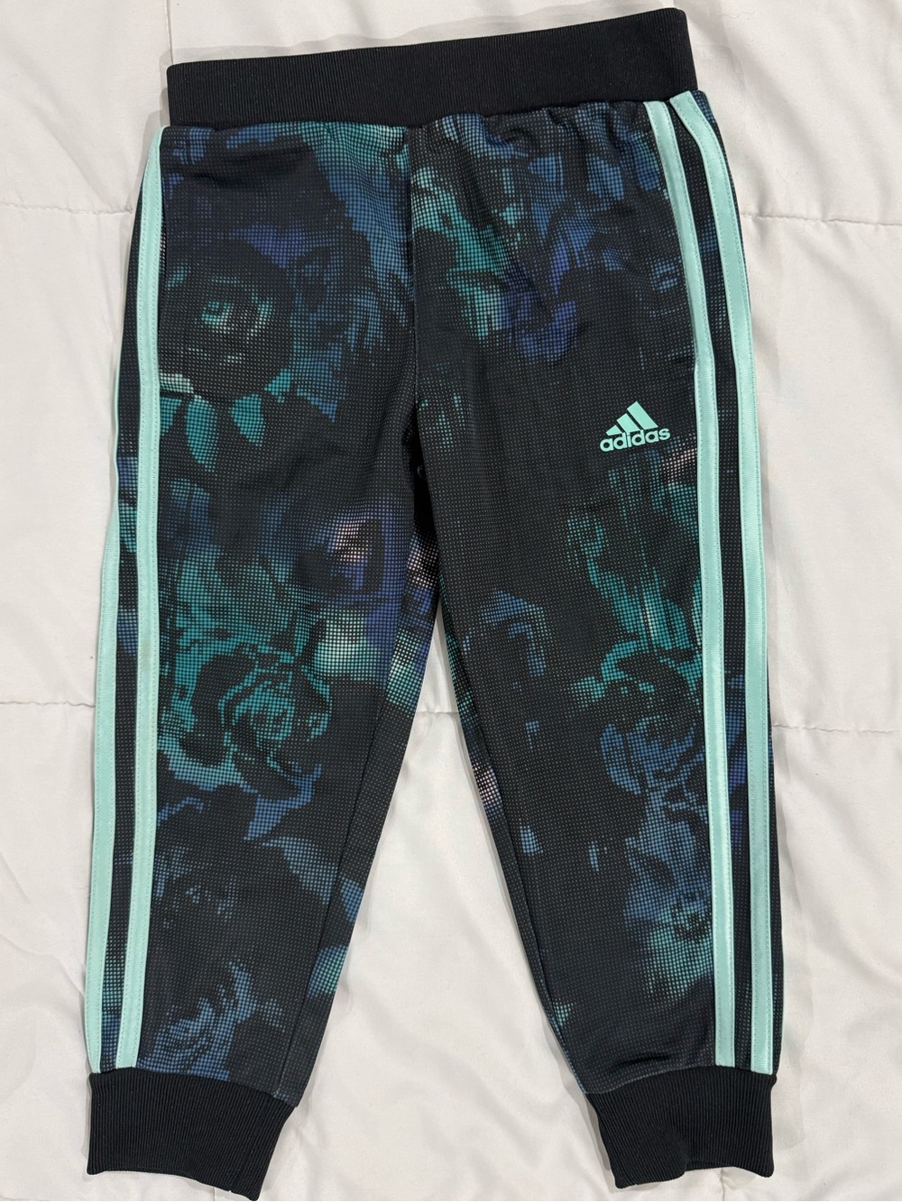 adidas Black Joggers with Teal Floral Print and Mint Stripes